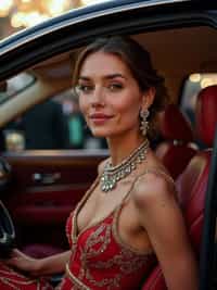 woman departing the Met Gala in a luxury vehicle, wearing a glamorous after-party look with statement jewelry , paparazzi and fans outside the Metropolitan Museum with event lighting visible