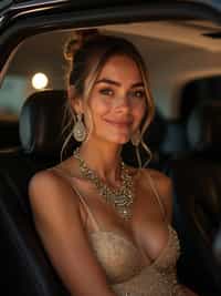 woman departing the Met Gala in a luxury vehicle, wearing a glamorous after-party look with statement jewelry , paparazzi and fans outside the Metropolitan Museum with event lighting visible