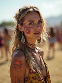 a woman with colorful temporary tattoos and henna art , adding bohemian flair to their Coachella look, with the iconic festival grounds visible in the background