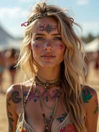 a woman with colorful temporary tattoos and henna art , adding bohemian flair to their Coachella look, with the iconic festival grounds visible in the background