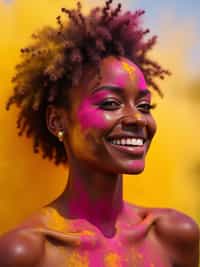 a woman with face beautifully decorated with yellow and pink Holi colors , adding a magical quality to their festival look, with colored powder explosions visible in the background