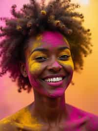 a woman with face beautifully decorated with yellow and pink Holi colors , adding a magical quality to their festival look, with colored powder explosions visible in the background