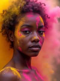 a woman with face beautifully decorated with yellow and pink Holi colors , adding a magical quality to their festival look, with colored powder explosions visible in the background