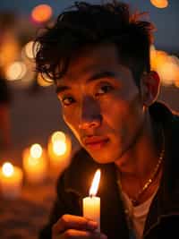 a man with  a respectful look while participating in a candlelight vigil, adding a meaningful quality to their celebration, with sugar skulls and papel picado visible in the background