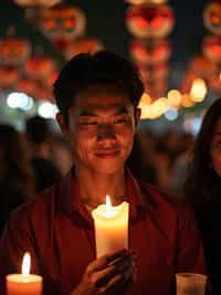 a man with  a respectful look while participating in a candlelight vigil, adding a meaningful quality to their celebration, with sugar skulls and papel picado visible in the background