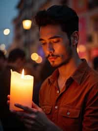 a man with  a respectful look while participating in a candlelight vigil, adding a meaningful quality to their celebration, with sugar skulls and papel picado visible in the background