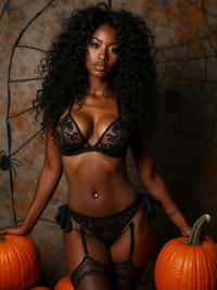 woman wearing (naughty halloween) (sexy halloween costume) (lingerie) (halloween outfit), spooky outfit posing for photo, background is halloween pumpkins and spiderwebs
