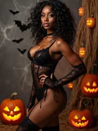 woman wearing (naughty halloween) (sexy halloween costume) (lingerie) (halloween outfit), spooky outfit posing for photo, background is halloween pumpkins and spiderwebs