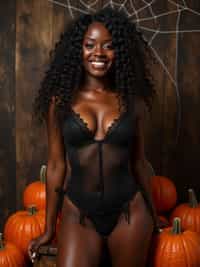 woman wearing (naughty halloween) (sexy halloween costume) (lingerie) (halloween outfit), spooky outfit posing for photo, background is halloween pumpkins and spiderwebs