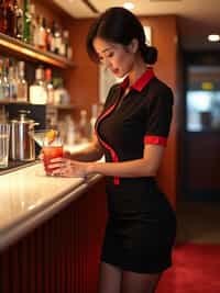 woman as a flight attendant at onboard bar area, wearing a seductive flight attendant uniform with smoky eye makeup, sheer stockings and thigh-high skirt , preparing specialty cocktails for passengers