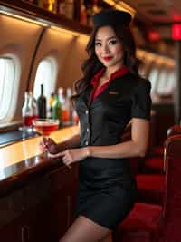 woman as a flight attendant at onboard bar area, wearing a seductive flight attendant uniform with smoky eye makeup, sheer stockings and thigh-high skirt , preparing specialty cocktails for passengers