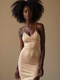 woman in form fitting skin tight polyester nude colored dress