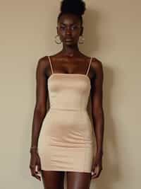 woman in form fitting skin tight polyester nude colored dress