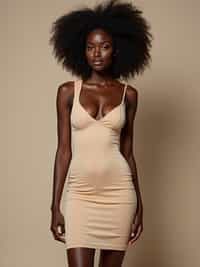 woman in form fitting skin tight polyester nude colored dress