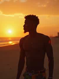 Full body golden hour candid of man.  Complete candid moment in sunset. Golden hour documentary style.