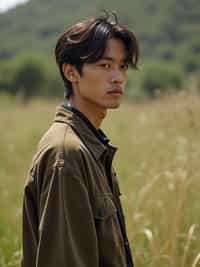 insanely beautiful man in a sustainable fashion campaign.  Wearing sustainable high fashion, mindful stance. Natural setting, eco-fashion photography.