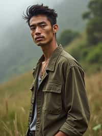 insanely beautiful man in a sustainable fashion campaign.  Wearing sustainable high fashion, mindful stance. Natural setting, eco-fashion photography.