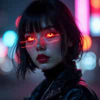 woman as a cyberpunk e-girl transformation. dark lipstick, neon eyeliner, futuristic fashion . tokyo street-style lighting.