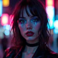 woman as a cyberpunk e-girl transformation. dark lipstick, neon eyeliner, futuristic fashion . tokyo street-style lighting.