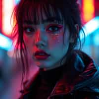 woman as a cyberpunk e-girl transformation. dark lipstick, neon eyeliner, futuristic fashion . tokyo street-style lighting.