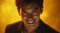 man with evil grin and mischievous look, gold background