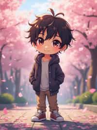 The man as a chibi character standing on a peaceful Japanese street during cherry blossom season, wearing  a casual streetwear outfit with a hoodie and sneakers. The background is filled with pink petals and soft sunlight. Highly detailed chibi-style rendering with vibrant colors and a magical atmosphere.
