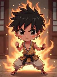 The man as a chibi martial artist, striking a pose with a glowing aura, wearing  a sleeveless outfit with a determined face. The background is a classic anime dojo. The style is in cute chibi anime illustration.