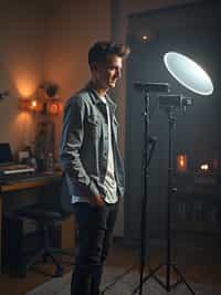 man doing video podcast, wearing  presentable casual wear, ring light and camera visible, dual setup for audio and video, modern creator space