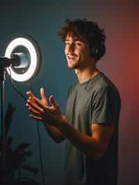 man doing video podcast, wearing  presentable casual wear, ring light and camera visible, dual setup for audio and video, modern creator space