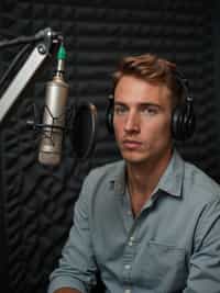 man in professional podcast booth, wearing  business casual shirt, isolation booth setup, professional microphone, focused expression, broadcast quality lighting
