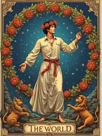 Tarot Card of The World featuring man wearing  celestial robes with laurel wreath crown, dancing pose within oval wreath of flowers, four corners showing angel, eagle, lion, and bull symbols, cosmic background with stars, expression of completion and fulfillment