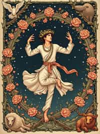 Tarot Card of The World featuring man wearing  celestial robes with laurel wreath crown, dancing pose within oval wreath of flowers, four corners showing angel, eagle, lion, and bull symbols, cosmic background with stars, expression of completion and fulfillment