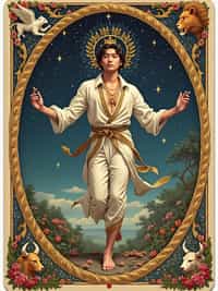 Tarot Card of The World featuring man wearing  celestial robes with laurel wreath crown, dancing pose within oval wreath of flowers, four corners showing angel, eagle, lion, and bull symbols, cosmic background with stars, expression of completion and fulfillment