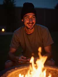 camera flash overexposed, man in a backyard, friends gathered around a fire pit.  Wearing beanie, telling a joke. Flash, night, house party outdoors.