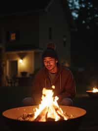 camera flash overexposed, man in a backyard, friends gathered around a fire pit.  Wearing beanie, telling a joke. Flash, night, house party outdoors.