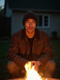 camera flash overexposed, man in a backyard, friends gathered around a fire pit.  Wearing beanie, telling a joke. Flash, night, house party outdoors.