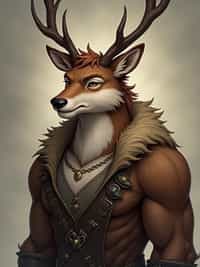 furry character of deer fursona of man with  noble stag features with small antlers, brown fur, and strong expression, wearing nature-inspired clothing, serene expression, detailed digital furry art style, earth tones