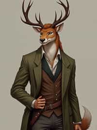 furry character of deer fursona of man with  noble stag features with small antlers, brown fur, and strong expression, wearing nature-inspired clothing, serene expression, detailed digital furry art style, earth tones