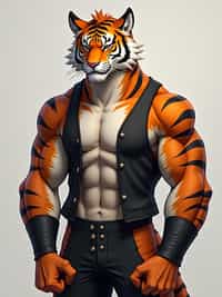 furry character of tiger fursona of man with  fierce tiger features, bold orange and black stripes, and prominent ears, wearing athletic wear, determined expression, detailed digital furry art style
