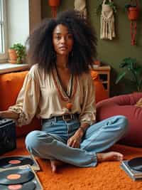 woman sitting cross-legged on orange shag carpet, wearing peasant blouse with bell-bottom jeans and love beads , organizing a collection of vinyl LPs and 45s, portable stereo with cassette deck nearby, bean bag chairs and hanging macramé planters decorating the room