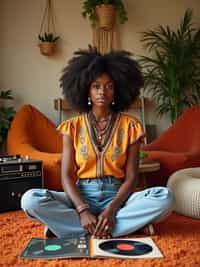 woman sitting cross-legged on orange shag carpet, wearing peasant blouse with bell-bottom jeans and love beads , organizing a collection of vinyl LPs and 45s, portable stereo with cassette deck nearby, bean bag chairs and hanging macramé planters decorating the room