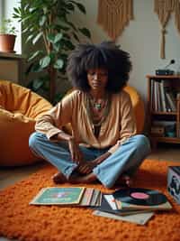 woman sitting cross-legged on orange shag carpet, wearing peasant blouse with bell-bottom jeans and love beads , organizing a collection of vinyl LPs and 45s, portable stereo with cassette deck nearby, bean bag chairs and hanging macramé planters decorating the room