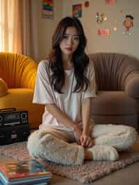 woman sitting cross-legged on a fuzzy rug, wearing a baby tee with pajama pants and fuzzy slippers , organizing a collection of mix CDs and original albums, portable stereo with dual cassette deck nearby, inflatable chairs and metallic wall decals decorating the room
