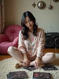 woman sitting cross-legged on a fuzzy rug, wearing a baby tee with pajama pants and fuzzy slippers , organizing a collection of mix CDs and original albums, portable stereo with dual cassette deck nearby, inflatable chairs and metallic wall decals decorating the room