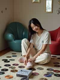woman sitting cross-legged on a fuzzy rug, wearing a baby tee with pajama pants and fuzzy slippers , organizing a collection of mix CDs and original albums, portable stereo with dual cassette deck nearby, inflatable chairs and metallic wall decals decorating the room