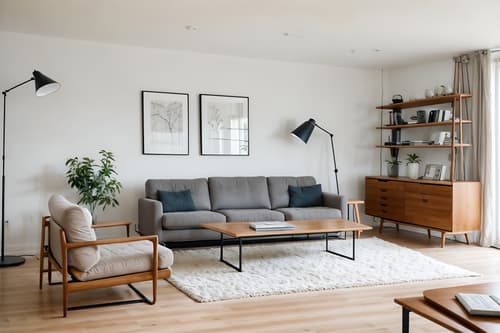 Photo from Pinterest of Modern-style interior designed (living room interior) With bookshelves and televisions and furniture and plant and electric lamps and chairs and occasional tables and coffee tables. . With Simple, Clean Lines and Simplistic Furniture and Open and Natural Lighting and Natural Materials and Elements and Neutral Walls and Textures and Practicality and Functionality and Simple, Clean Lines and Simplistic Furniture. . Cinematic photo, highly detailed, cinematic lighting, ultra-detailed, ultrarealistic, photorealism, 8k. Trending on Pinterest. Modern interior design style