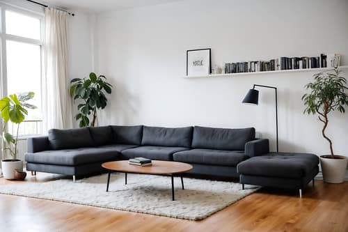 Photo from Pinterest of Minimalist-style interior designed (living room interior) With sofa and chairs and plant and coffee tables and rug and bookshelves and furniture and occasional tables. . With focus on the shape, colour and texture of just a few of essential elements and functional furniture and clean lines and an open floor plan and a monochromatic palette with colour used as an accent and lots of light and focus on the shape, colour and texture of just a few of essential elements. . Cinematic photo, highly detailed, cinematic lighting, ultra-detailed, ultrarealistic, photorealism, 8k. Trending on Pinterest. Minimalist interior design style