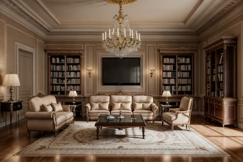 Photo from Pinterest of Neoclassic-style interior designed (living room interior) With electric lamps and coffee tables and sofa and chairs and furniture and televisions and bookshelves and occasional tables. . . Cinematic photo, highly detailed, cinematic lighting, ultra-detailed, ultrarealistic, photorealism, 8k. Trending on Pinterest. Neoclassic interior design style