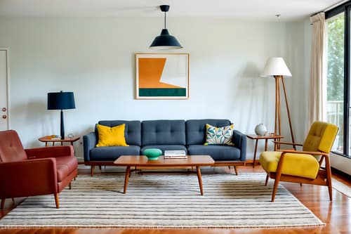 Photo from Pinterest of Midcentury modern-style interior designed (living room interior) With televisions and electric lamps and furniture and rug and coffee tables and occasional tables and sofa and chairs. . With integrating indoor and outdoor motifs and vibrant colors and graphic shapes and organic and geometric shapes and function over form and natural and manmade materials and muted tones and clean lines. . Cinematic photo, highly detailed, cinematic lighting, ultra-detailed, ultrarealistic, photorealism, 8k. Trending on Pinterest. Midcentury modern interior design style