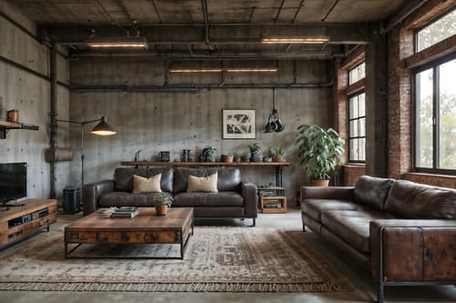 Photo from Pinterest of Industrial-style interior designed (living room interior) With furniture and electric lamps and coffee tables and occasional tables and plant and televisions and rug and chairs. . With exposed rafters and neutral tones and exposed concrete and factory style and utilitarian objects and reclaimed wood and metal panels and raw aesthetic. . Cinematic photo, highly detailed, cinematic lighting, ultra-detailed, ultrarealistic, photorealism, 8k. Trending on Pinterest. Industrial interior design style